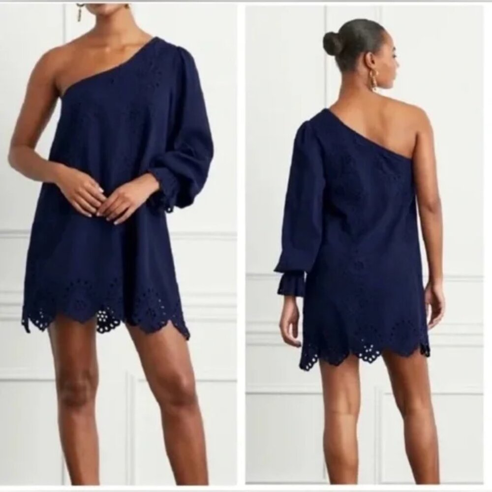 NWT Hill House Navy Linen Dress The Mila One Shoulder Mini Dress Women’s, XS